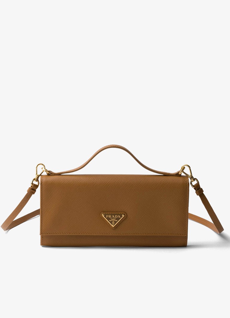 Prada Dames Portemonnee van kalfsleer met afneembare schouderriem in de kleur Camel