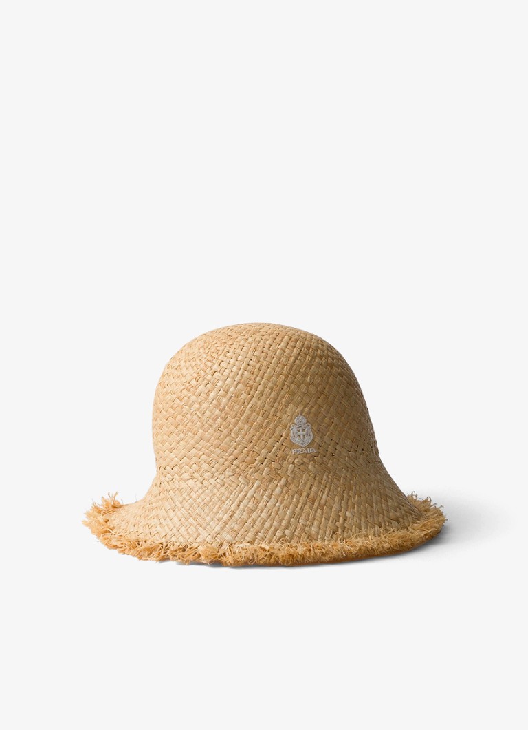 Prada Dames Hoed van raffia met logoborduring in de kleur Beige