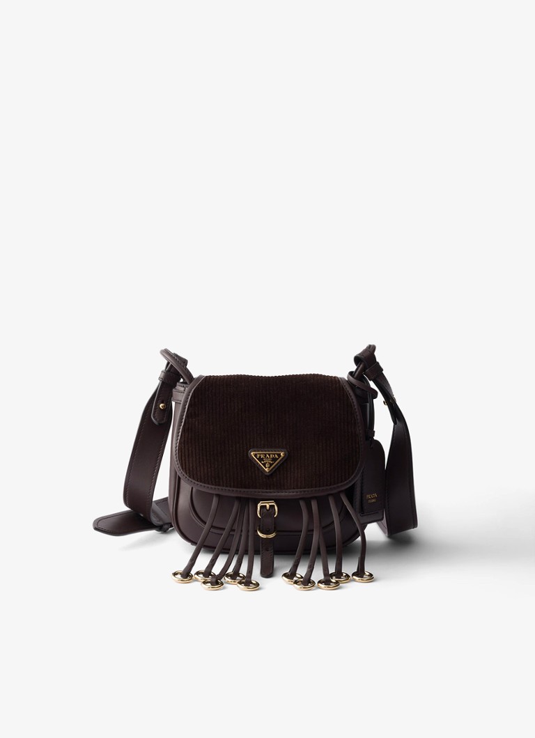 Prada Dames Corsaire Mini schoudertas van corduroy met leren details in de kleur Donkerbruin