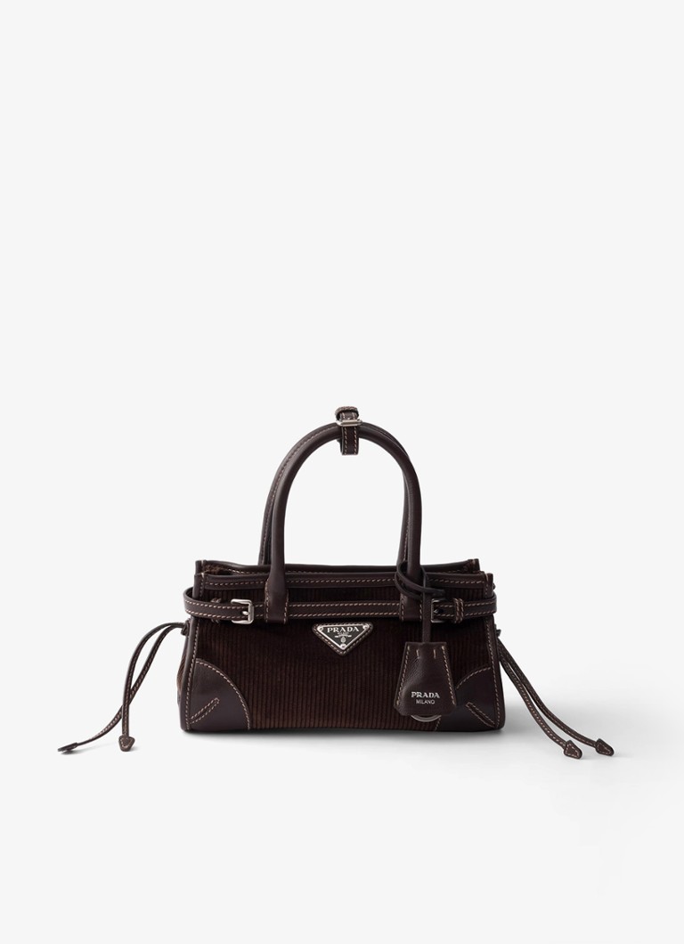 Prada Dames Bonnie Small handtas van corduroy met leren details in de kleur Donkerbruin