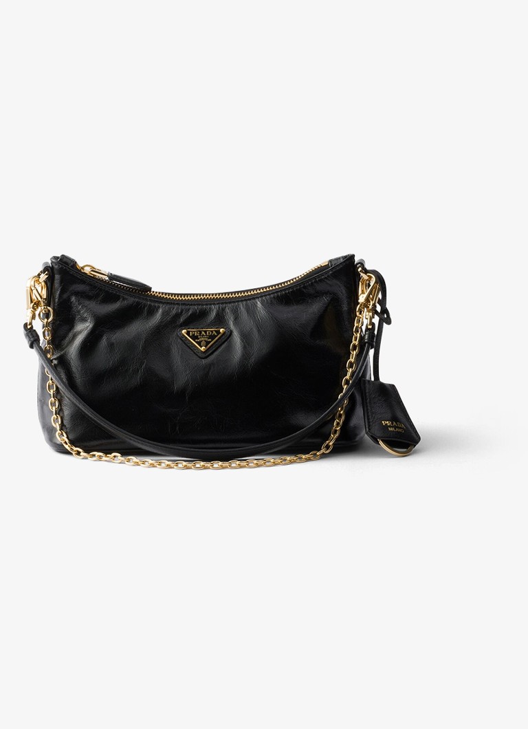 Prada Dames Mini schoudertas van kalfsleer in de kleur Zwart