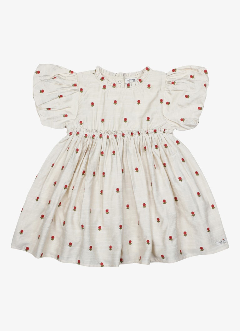 Donsje Amsterdam Meisjes Camilla Red Roses jurk met pofmouw in de kleur Zand, maat: 6M-9M=68