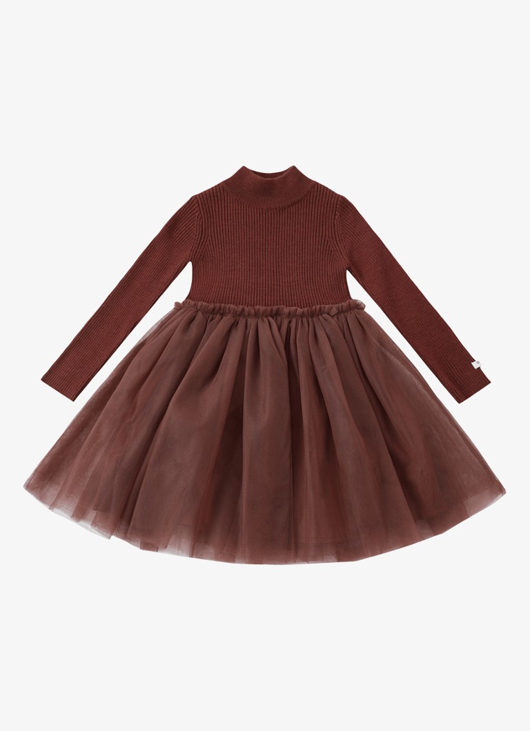 Donsje Amsterdam Meisjes Lotus jurk met tule in de kleur Bruin, maat: 12-18M=80