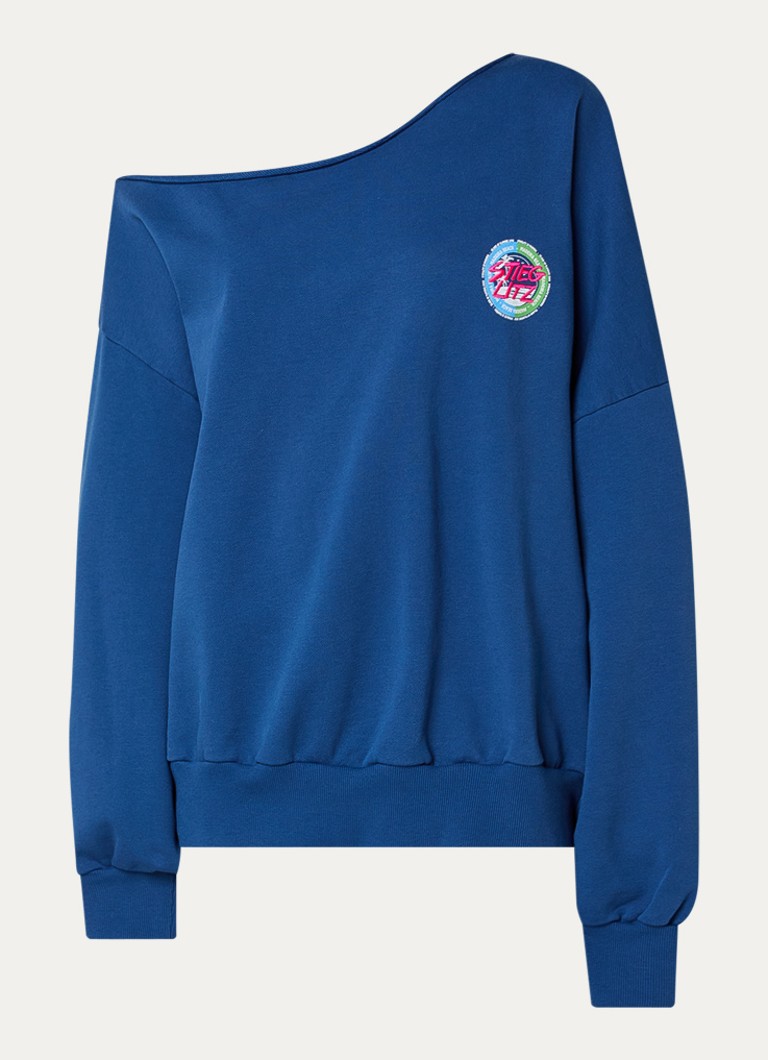 Stieglitz Dames Maik off shoulder oversized sweater met logo- en backprint in de kleur Blauw, maat: s