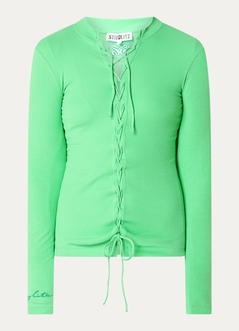 Stieglitz Dames Loy ribgebreide top met geknoopt detail in de kleur Groen, maat: l