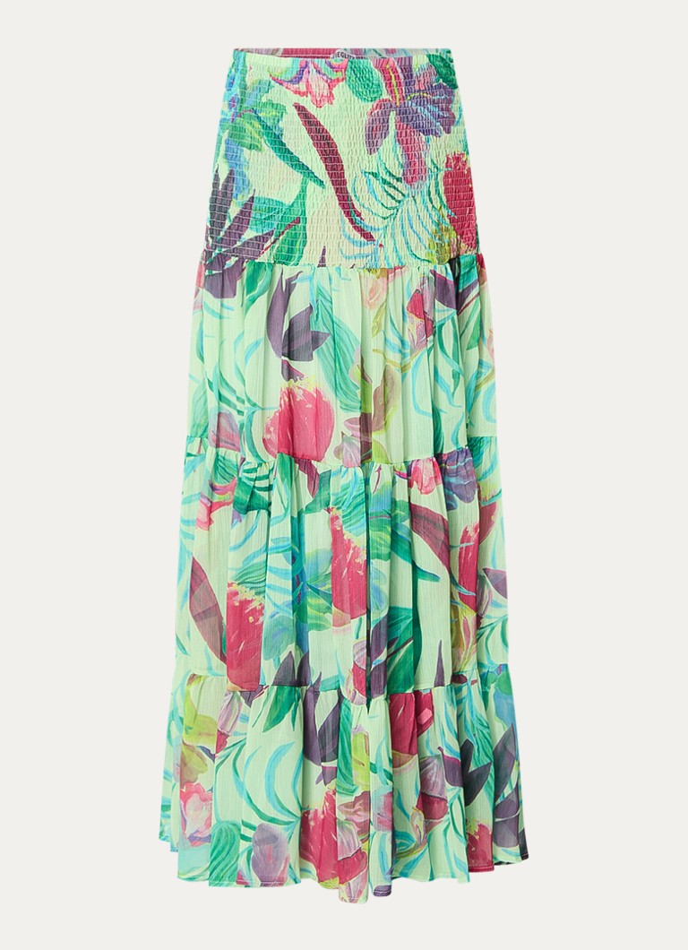 Stieglitz Dames Maxi rok met smockwerk en print in de kleur Mint, maat: 34