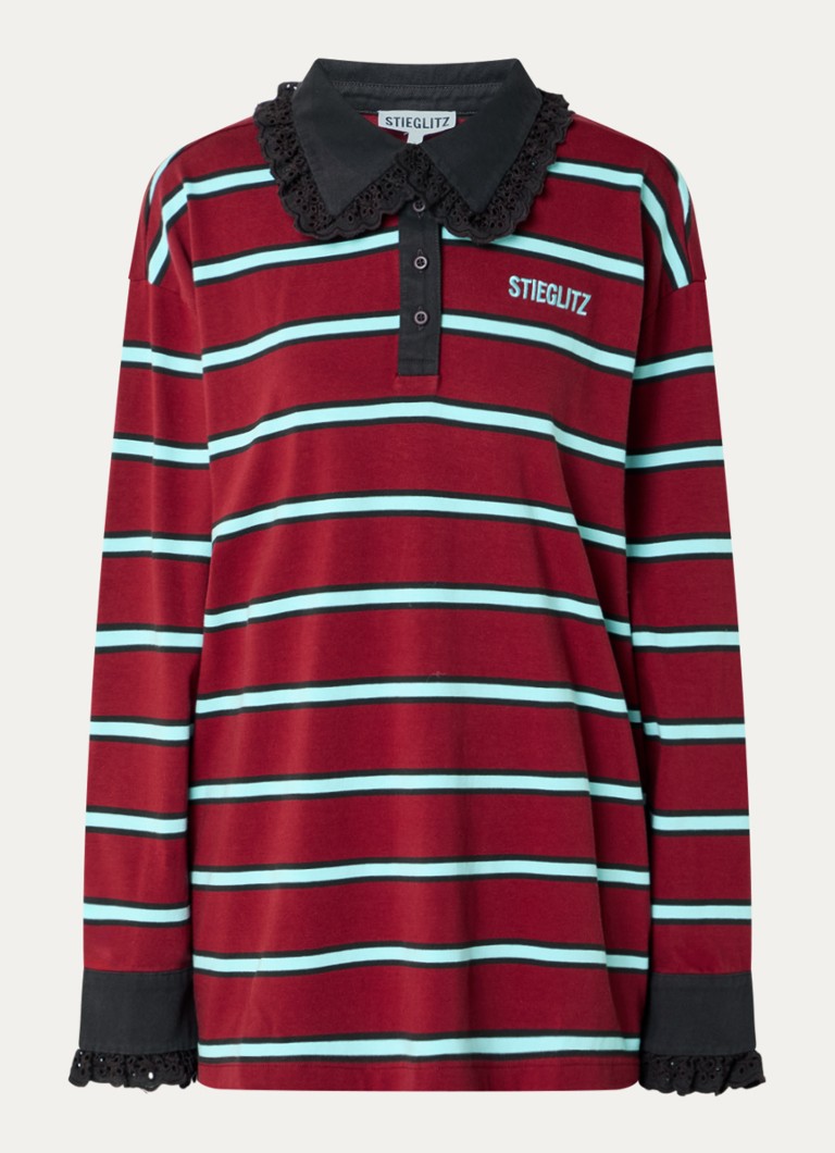 Stieglitz Dames Polo met streepprint en details van broderie in de kleur Bordeauxrood, maat: m