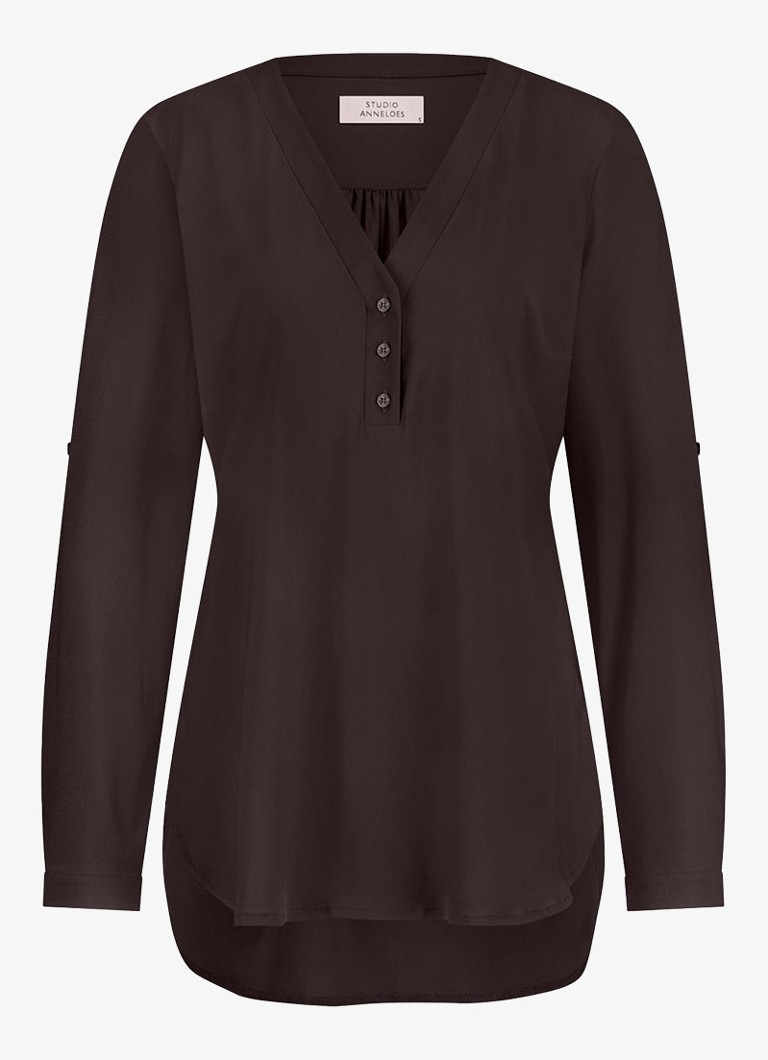 Studio Anneloes Dames Evi blouse met plooidetails in de kleur Donkerbruin, maat: XXL