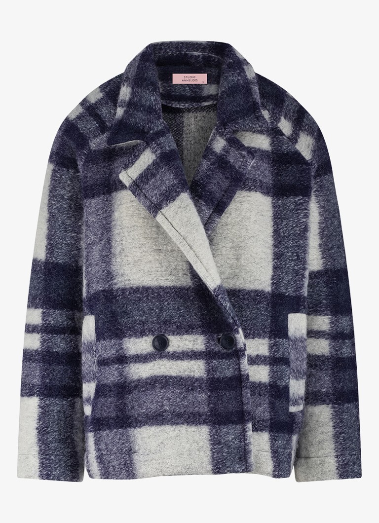 Studio Anneloes Dames Jack in wolblend met ruitdessin in de kleur Blauw, maat: XXL