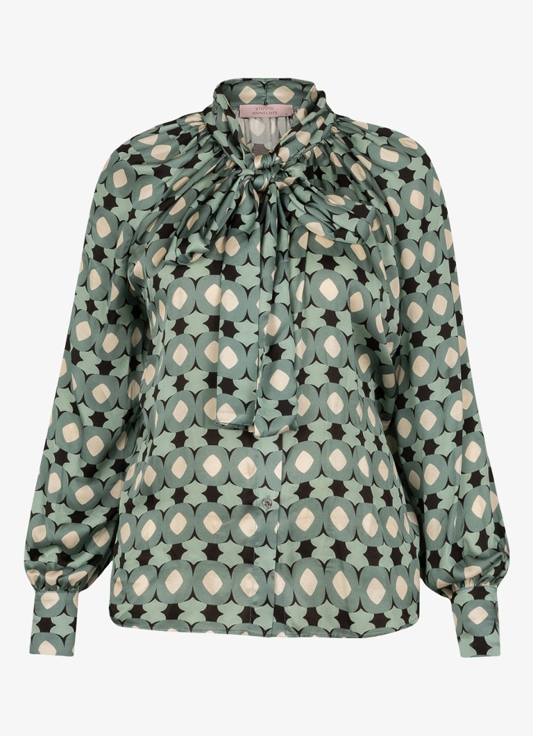 Studio Anneloes Dames Lorina blouse met grafisch patroon en sjaalkraag in de kleur Groen, maat: L