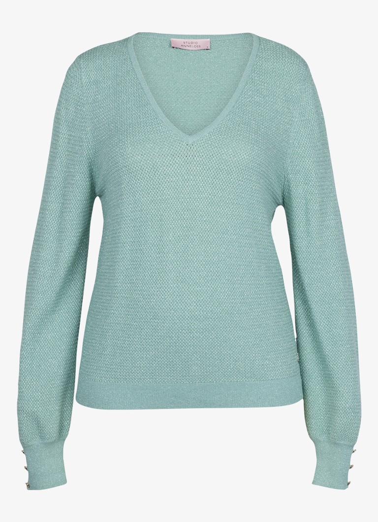 Studio Anneloes Dames Nika grofgebreide pullover met v-hals in de kleur Groen, maat: S