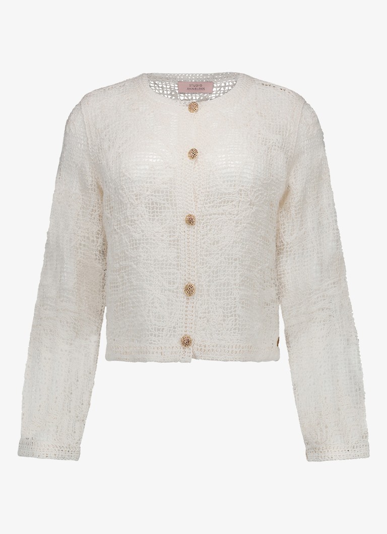 Studio Anneloes Dames Fay opengebreid vest van crochet in de kleur Gebroken wit, maat: XL