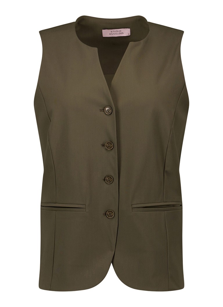 Studio Anneloes Dames Lenora gilet met paspelzakken in de kleur Bronsgroen, maat: XS