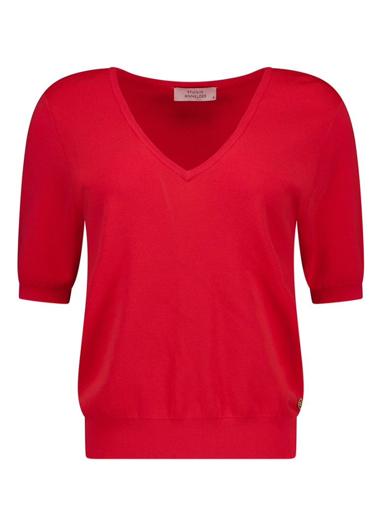 Studio Anneloes Dames Fijngebreide top met V-hals in de kleur Rood, maat: S