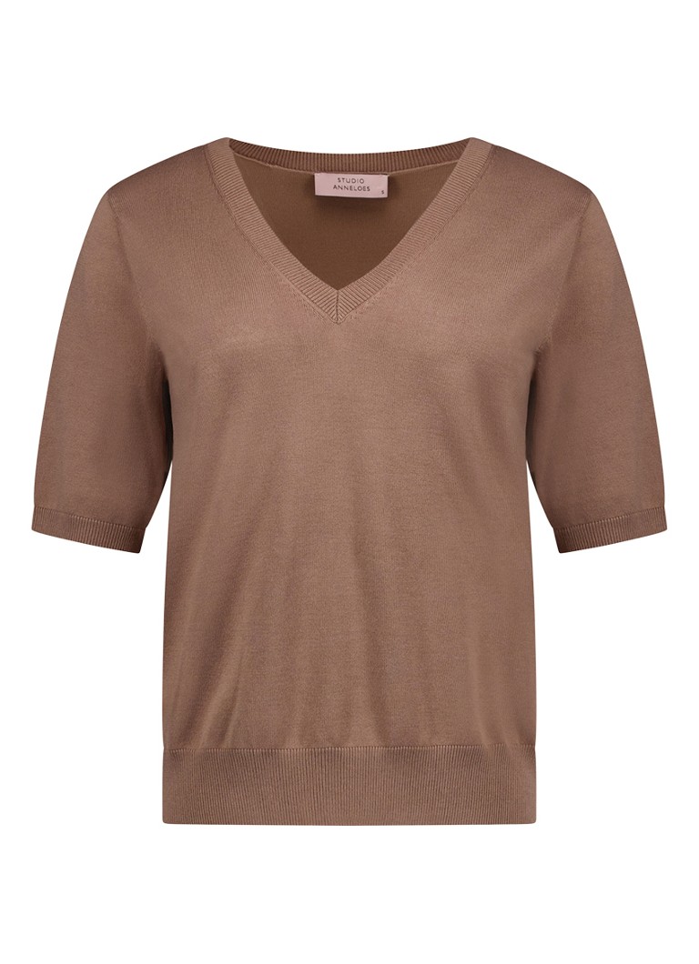 Studio Anneloes Dames Truida fijngebreide trui met V-hals in de kleur Bruin, maat: S