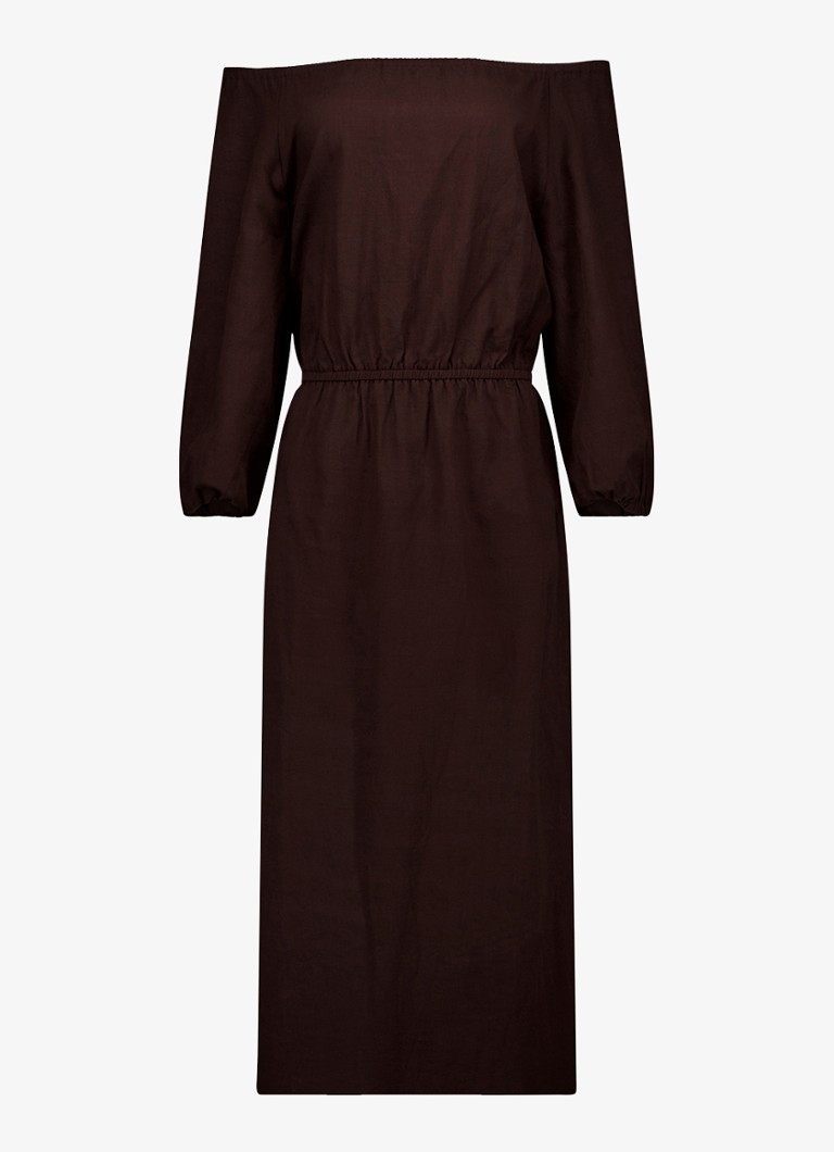 Studio Anneloes Dames Saturday off shoulder midi jurk met steekzakken in de kleur Bruin, maat: S