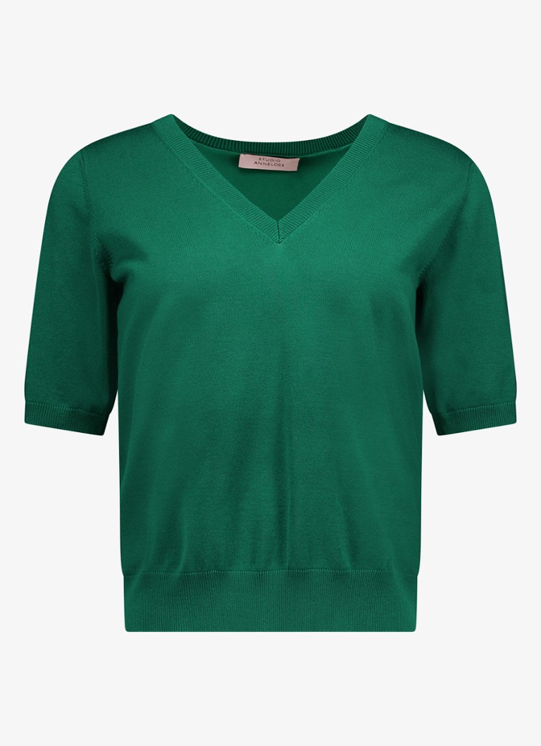 Studio Anneloes Dames Truida fijngebreide pullover met V-hals in de kleur Groen, maat: S