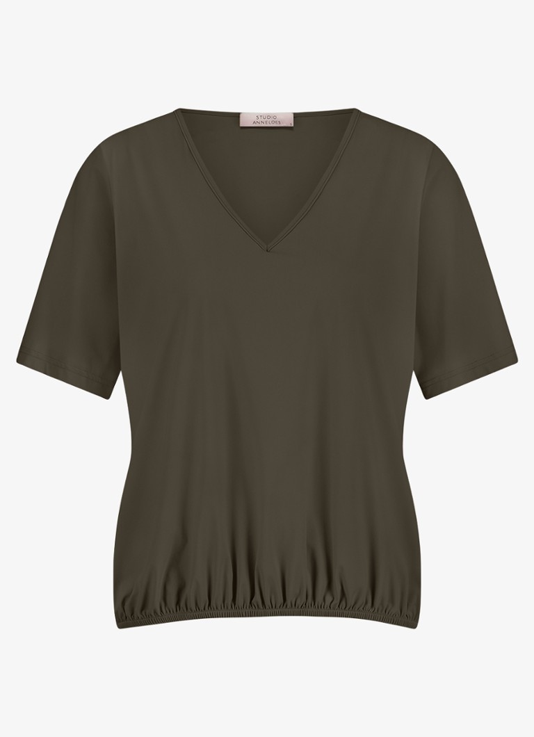 Studio Anneloes Dames Vicky T-shirt met V-hals in de kleur Donkergroen, maat: XS