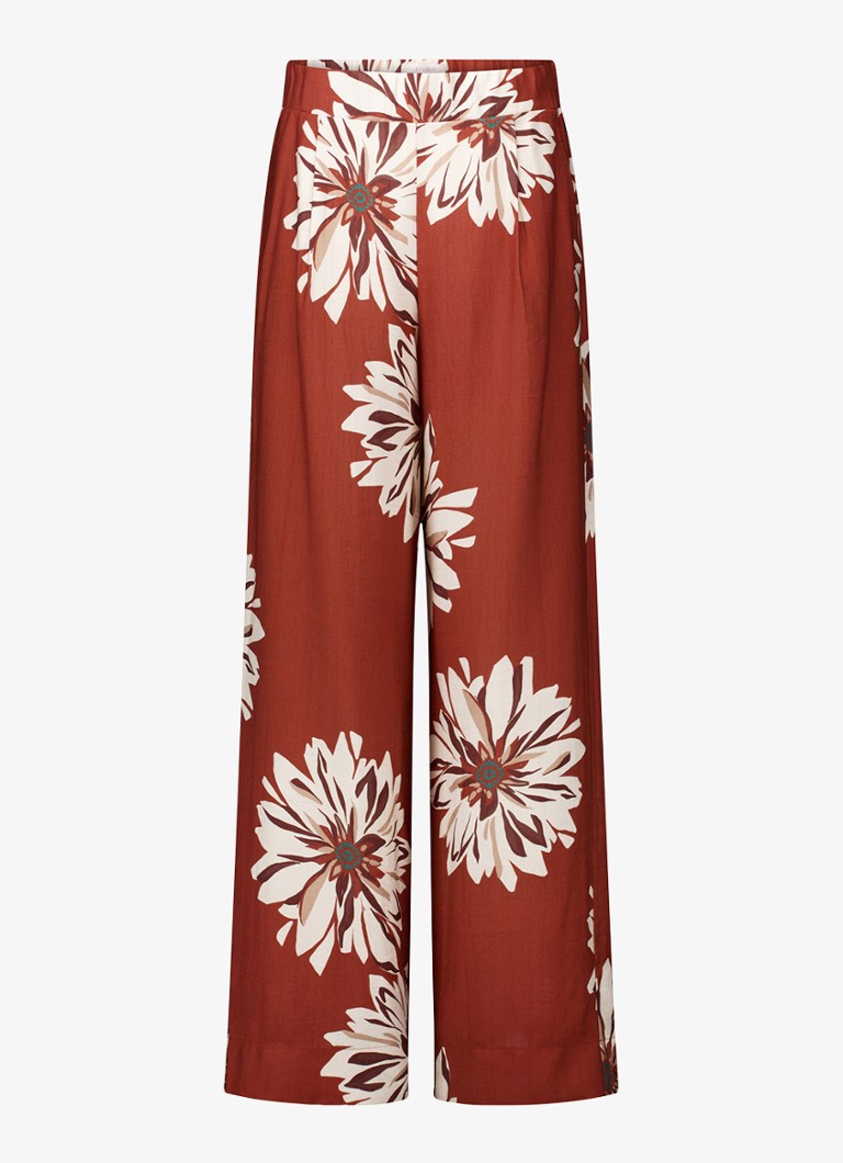 Studio Anneloes Dames Bruce high waist wide fit palazzo broek met bloemenprint in de kleur Roestbruin, maat: L