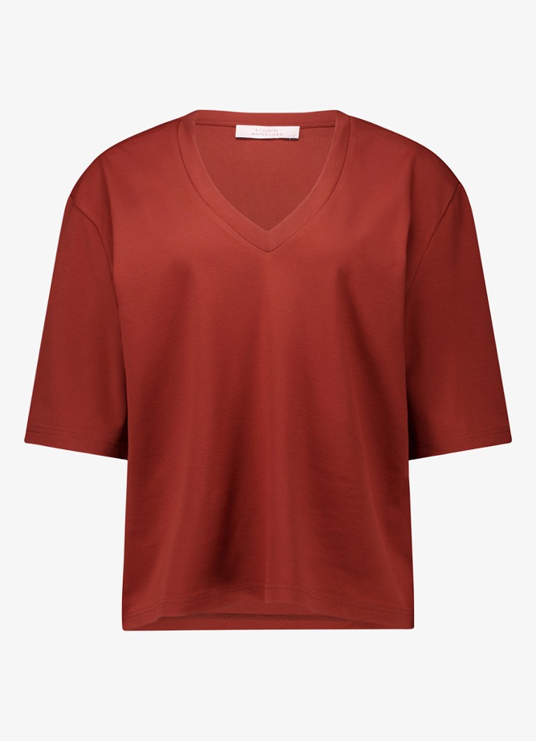 Studio Anneloes Dames Fiore T-shirt met V-hals in de kleur Roestbruin, maat: L