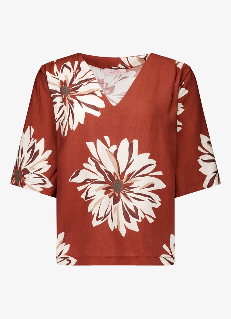 Studio Anneloes Dames Maddi blouse met bloemenprint in de kleur Roestbruin, maat: XL