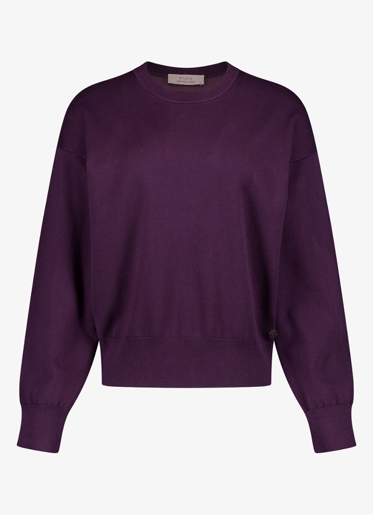 Studio Anneloes Dames Ruth fijngebreide trui met ribstructuur in de kleur Aubergine, maat: XL