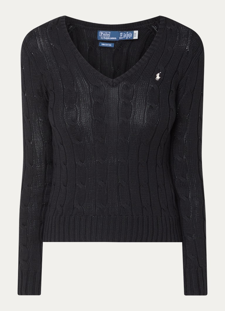 Ralph Lauren Dames Classic kabelgebreide pullover met V-hals in de kleur Zwart, maat: L