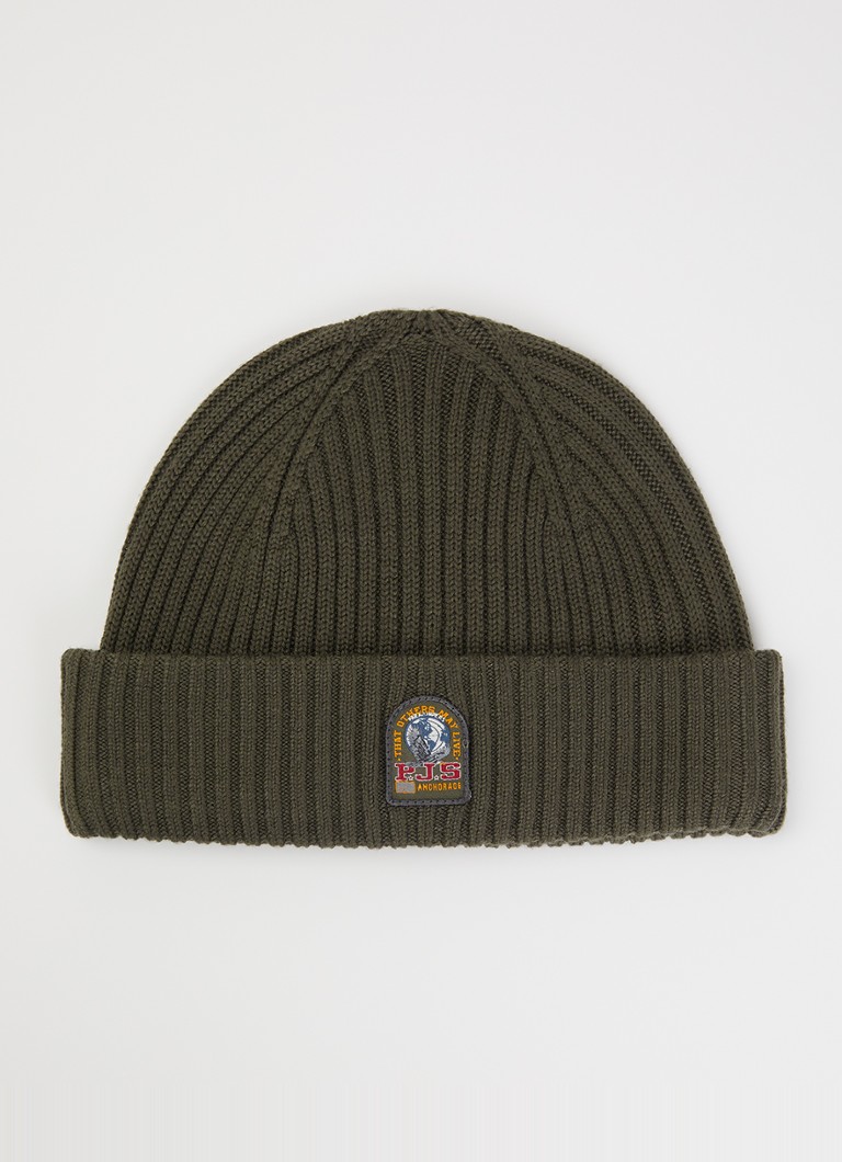 Parajumpers Jongens Matio ribgebreide muts in merino wolblend met logo in de kleur Olijfgroen, maat: S/M