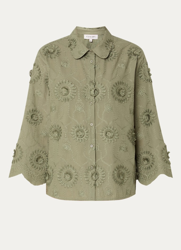 Claudia Sträter Dames Blouse met bloemborduring en vlindermouwen in de kleur Donkergroen
