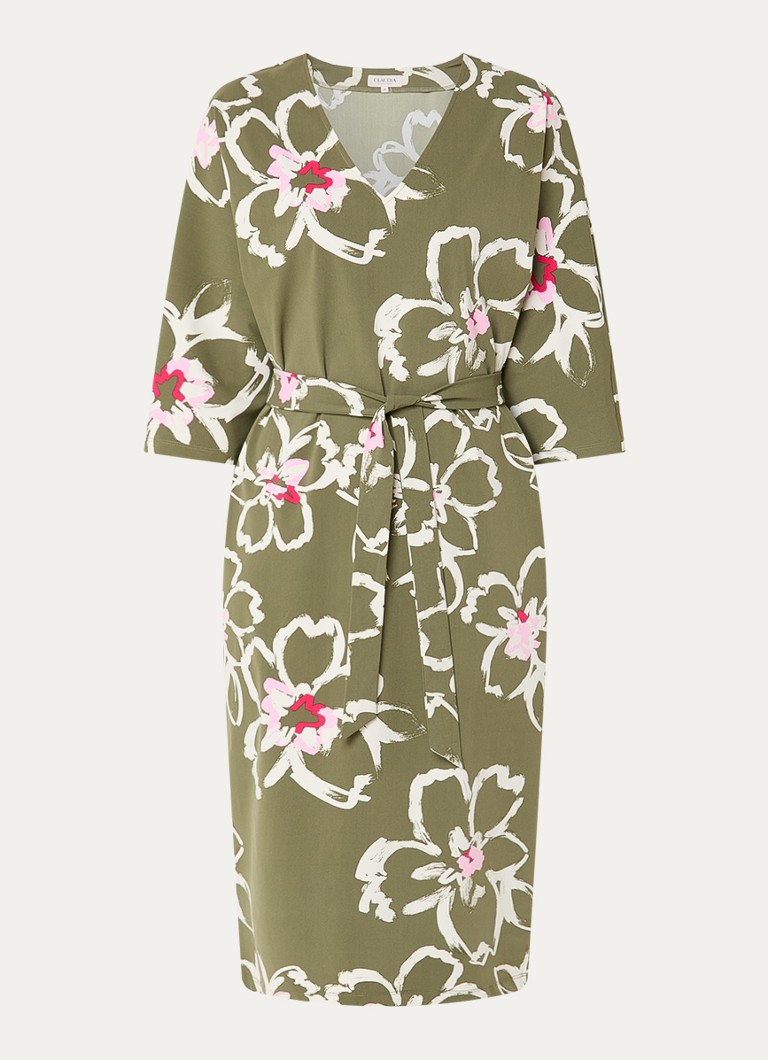 Claudia Sträter Dames Midi jurk met bloemenprint en ceintuur in de kleur Donkergroen