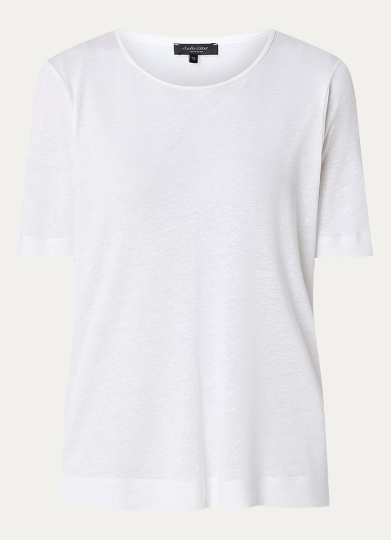 Claudia Sträter Dames T-shirt in linnenblend met V-hals in de kleur Wit