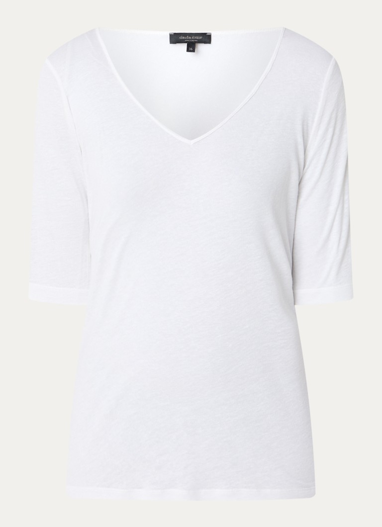 Claudia Sträter Dames T-shirt in linnenblend met V-hals in de kleur Wit