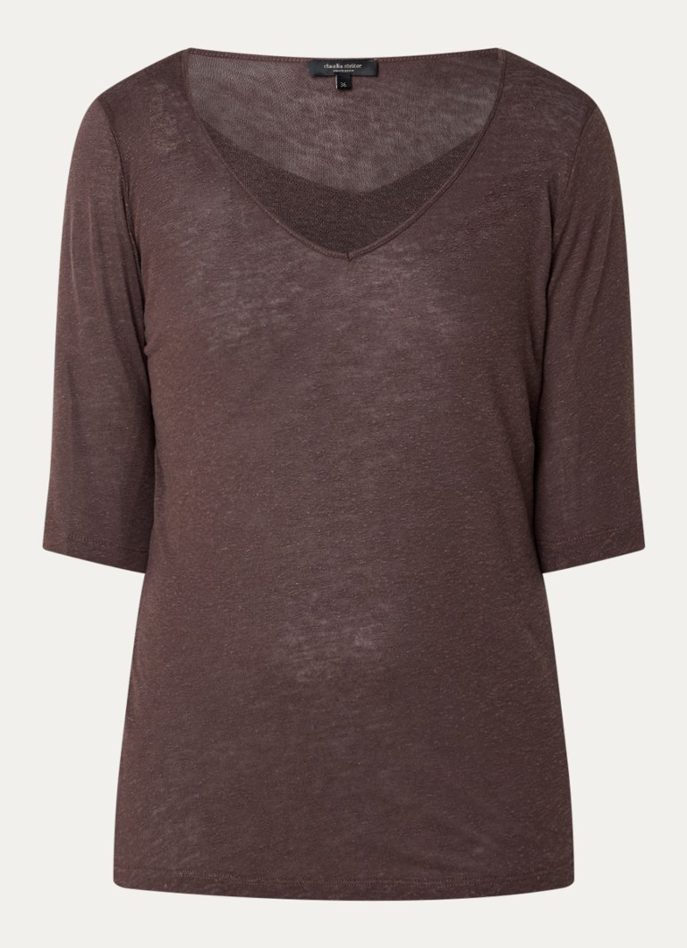 Claudia Sträter Dames T-shirt in linnenblend met V-hals in de kleur Donkerbruin