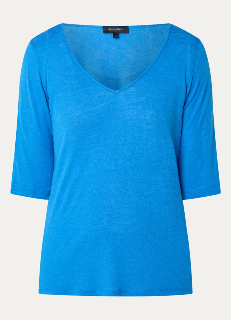 Claudia Sträter Dames T-shirt in linnenblend met V-hals in de kleur Kobaltblauw