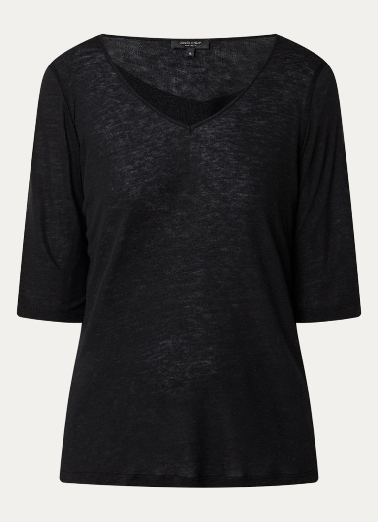 Claudia Sträter Dames T-shirt in linnenblend met V-hals in de kleur Zwart