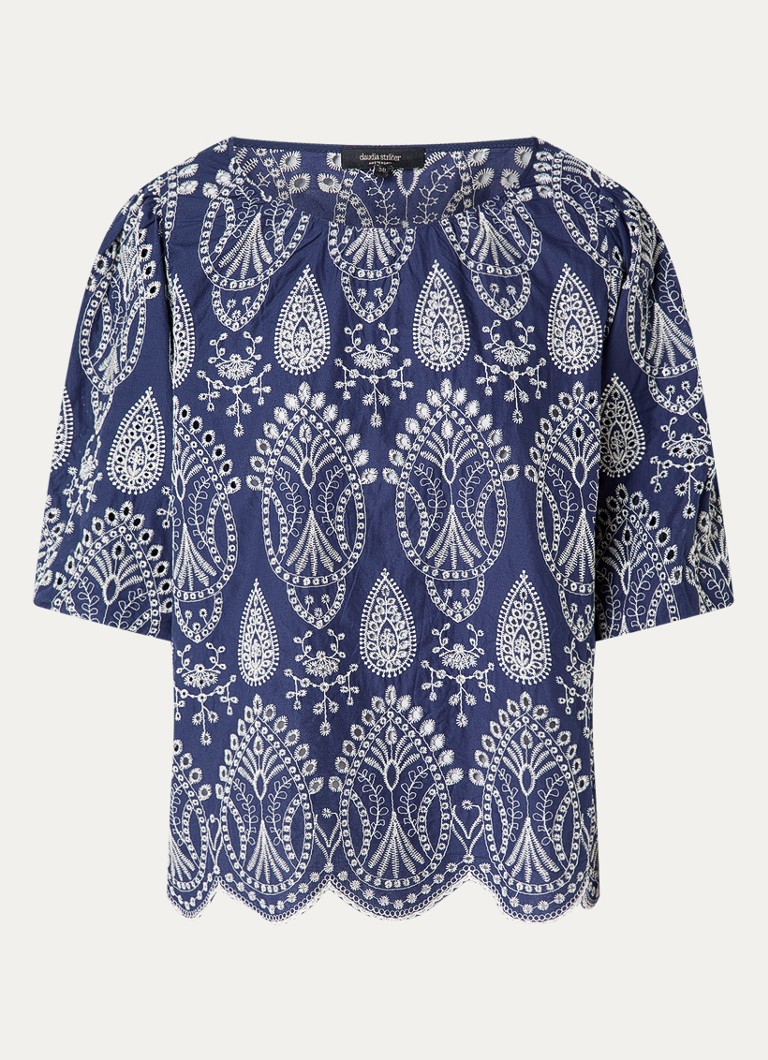 Claudia Sträter Dames Top met broderie en pofmouw in de kleur Royalblauw