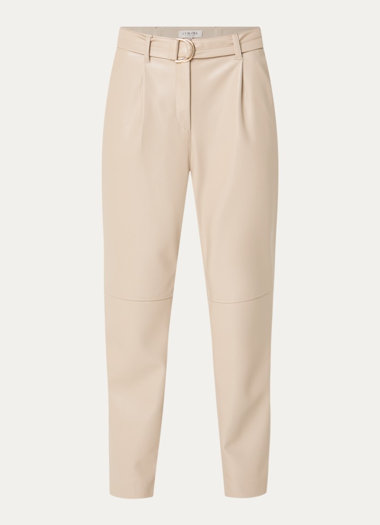 Claudia Sträter Dames High waist tapered fit pantalon van imitatieleer met steekzakken in de kleur Beige