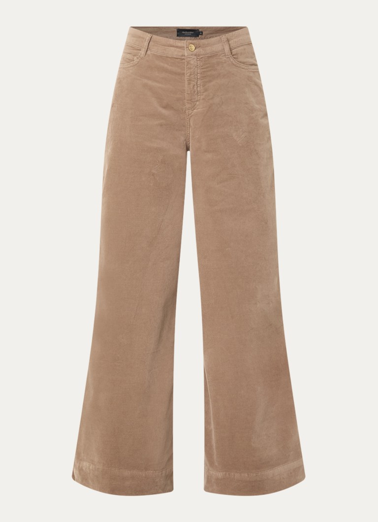 Claudia Sträter Dames High waist wide fit broek van fluweel met steekzakken in de kleur Donkerbeige
