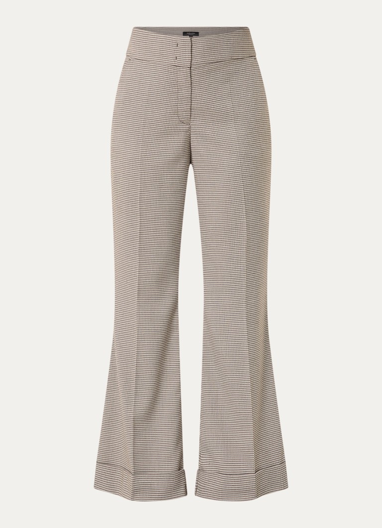 Claudia Sträter Dames Mid waist flared fit pantalon met pied-de-poule dessin in de kleur Hazelnootbruin