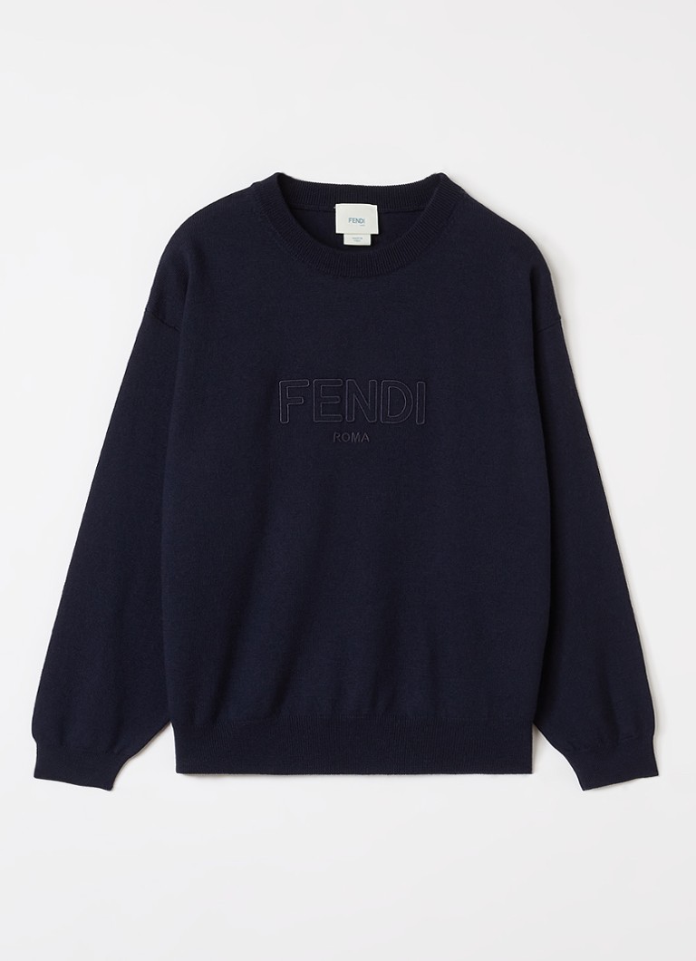 Fendi Jongens Fijngebreide pullover van wol met logoborduring in de kleur Donkerblauw, maat: 12A=152