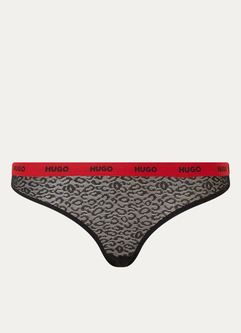 HUGO Dames Slip van kant met panterprint en logoband in de kleur Zwart