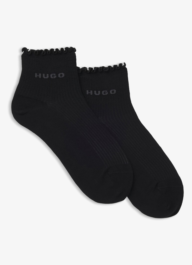 HUGO Dames Set van twee paar ribgebreide korte sokken met geribbelde boorden in de kleur Zwart