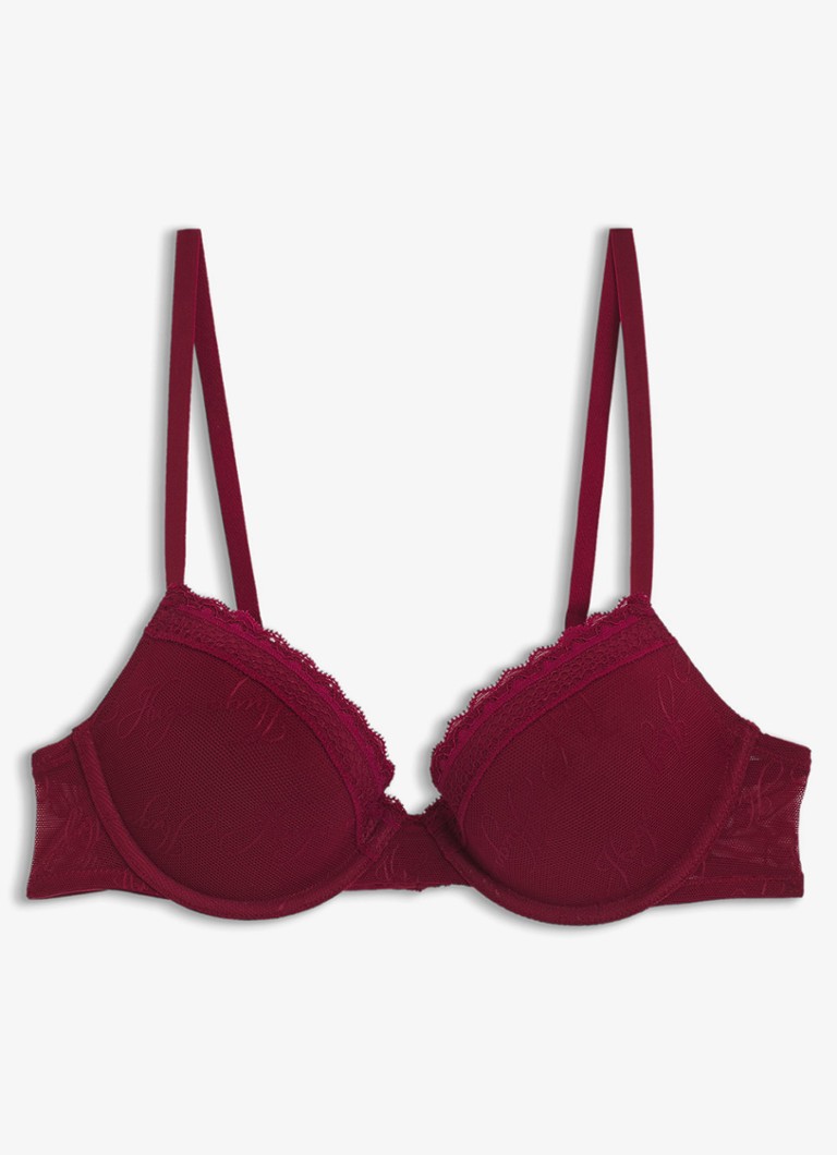 HUGO Dames Push-up bh van mesh met kant en logoborduring in de kleur Bordeauxrood