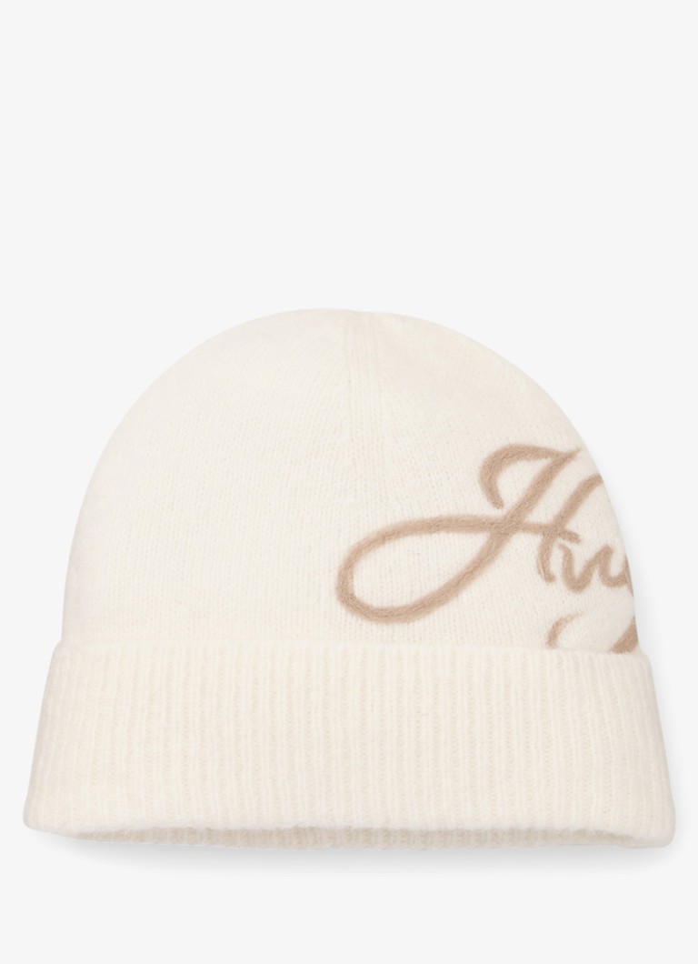 HUGO Dames Muts met logo in wolblend in de kleur Gebroken wit