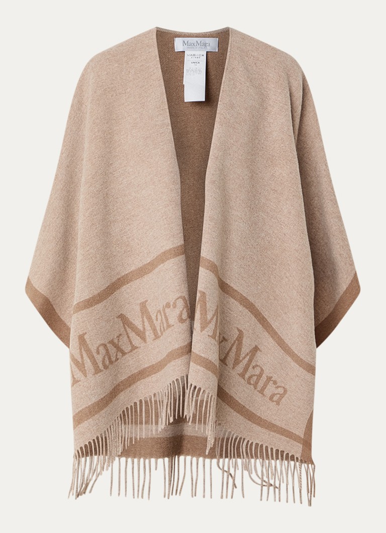 MaxMara Dames Hilde poncho van wol met logoprint en franjes in de kleur Beige