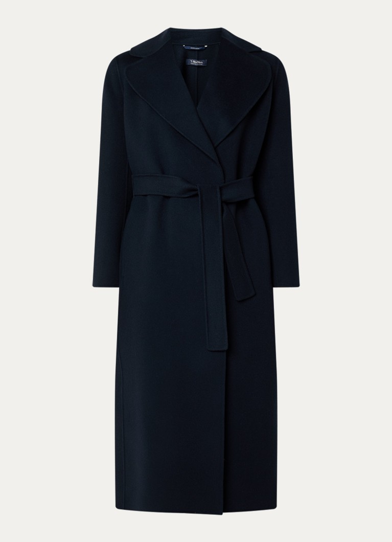 Max Mara Dames Poldo mantel van scheerwol met steekzakken en strikceintuur in de kleur Donkerblauw