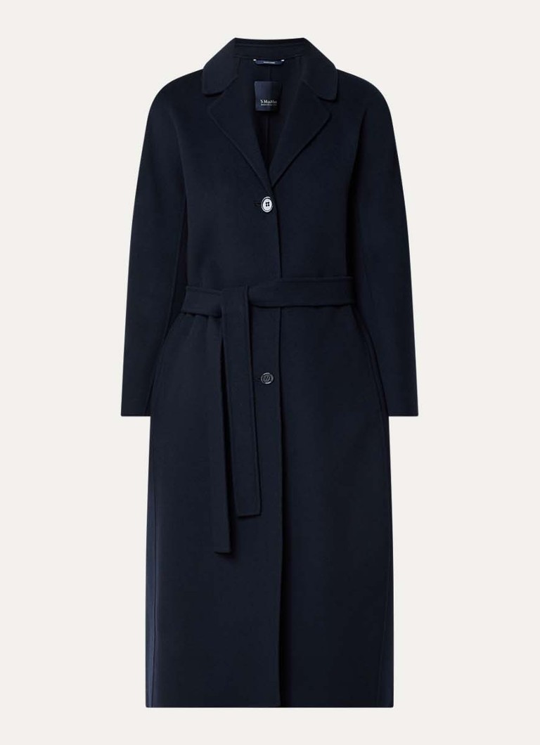 MaxMara Dames Dama mantel van scheerwol met steekzakken en strikceintuur in de kleur Donkerblauw