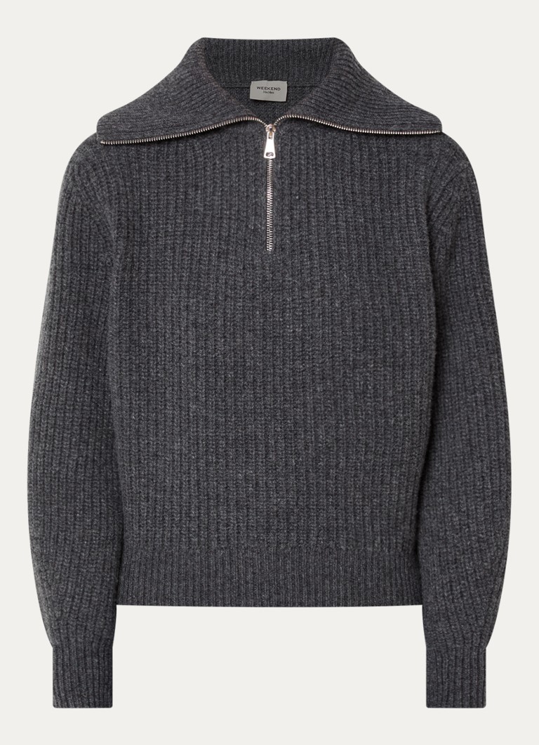 Max Mara Dames Laser ribgebreide trui van scheerwol met halve rits in de kleur Donkergrijs