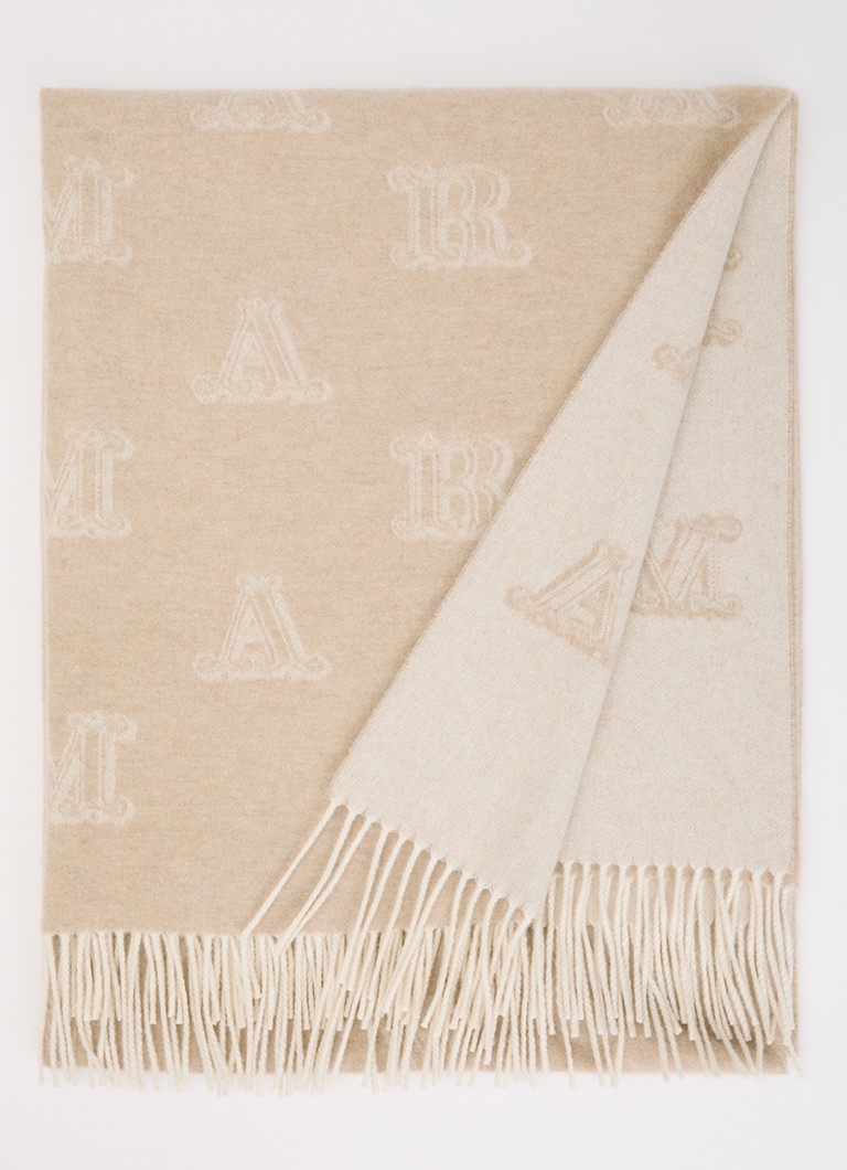 Max Mara Dames Sjaal van kasjmier met logoprint en franjes 180 x 70 cm in de kleur Beige