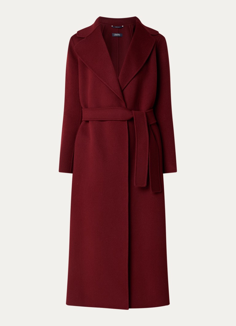 Max Mara Dames Poldo mantel van scheerwol met steekzakken en strikceintuur in de kleur Donkerrood